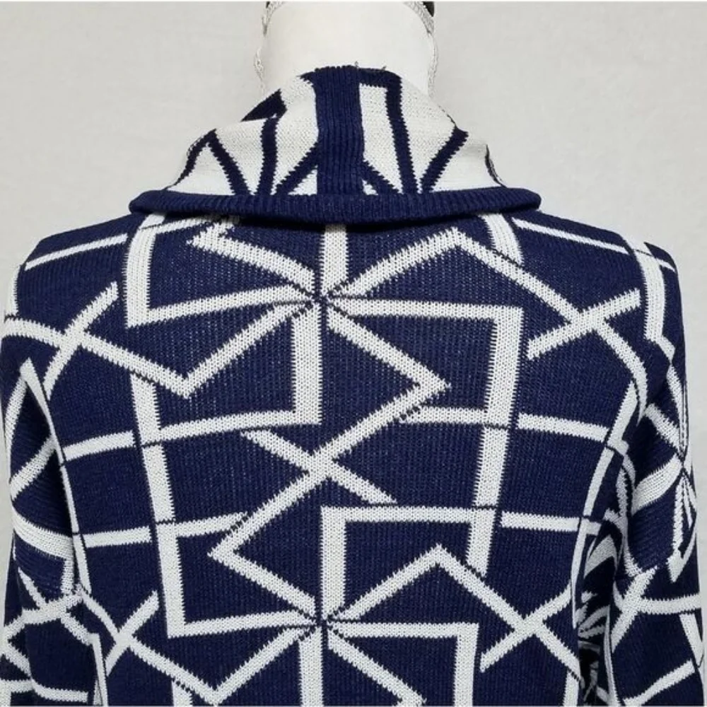 60s Vintage Dalton Blue White Geometric Print Union ILGWU Open Front Cardigan M